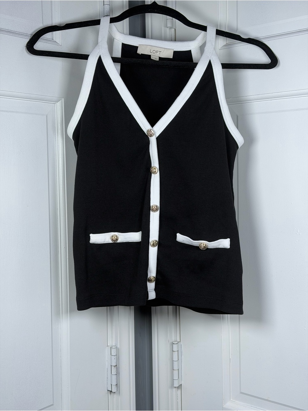 LOFT Black with White Trim Button-Front Tank